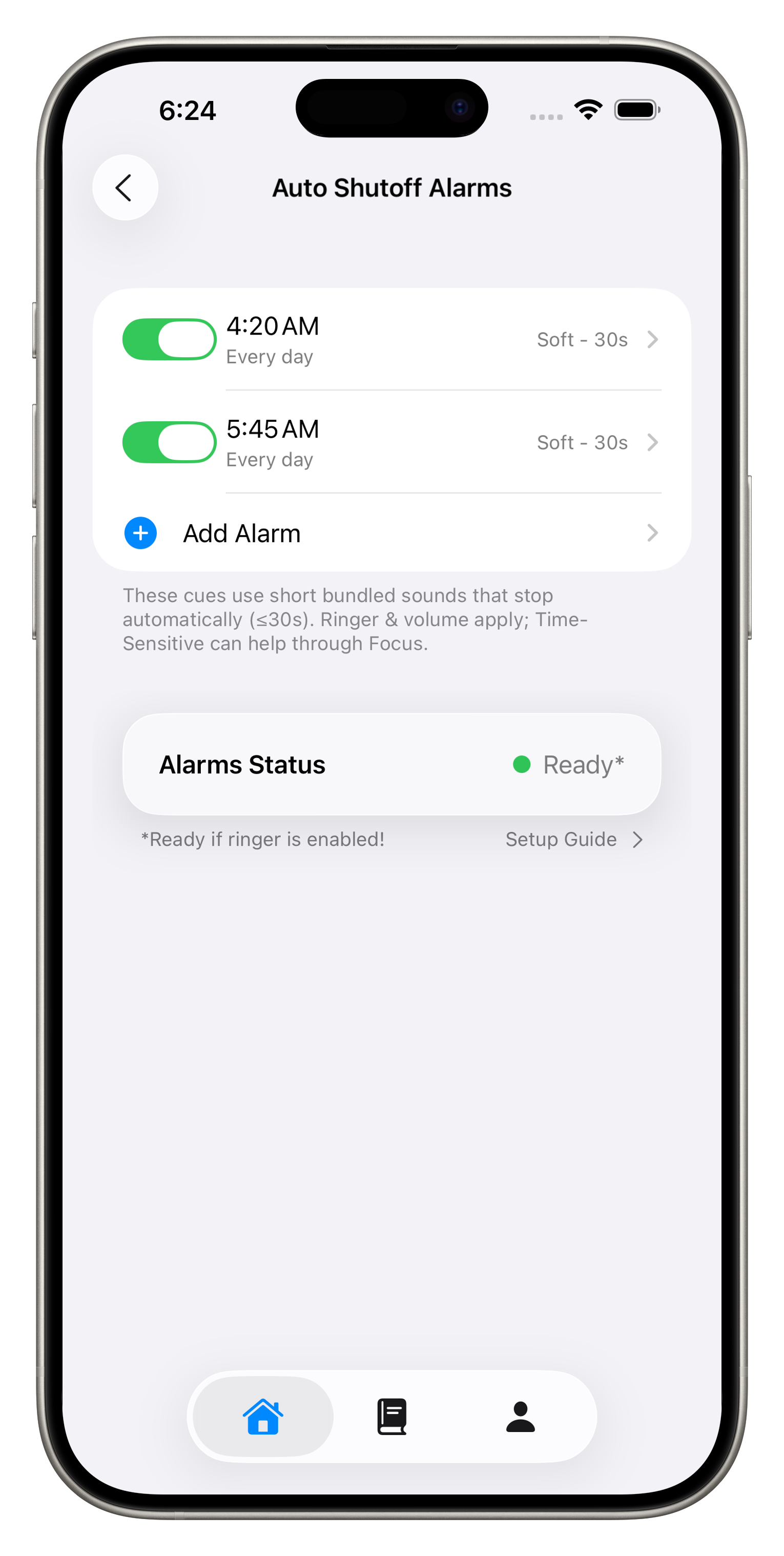 Auto-shutoff alarm setup